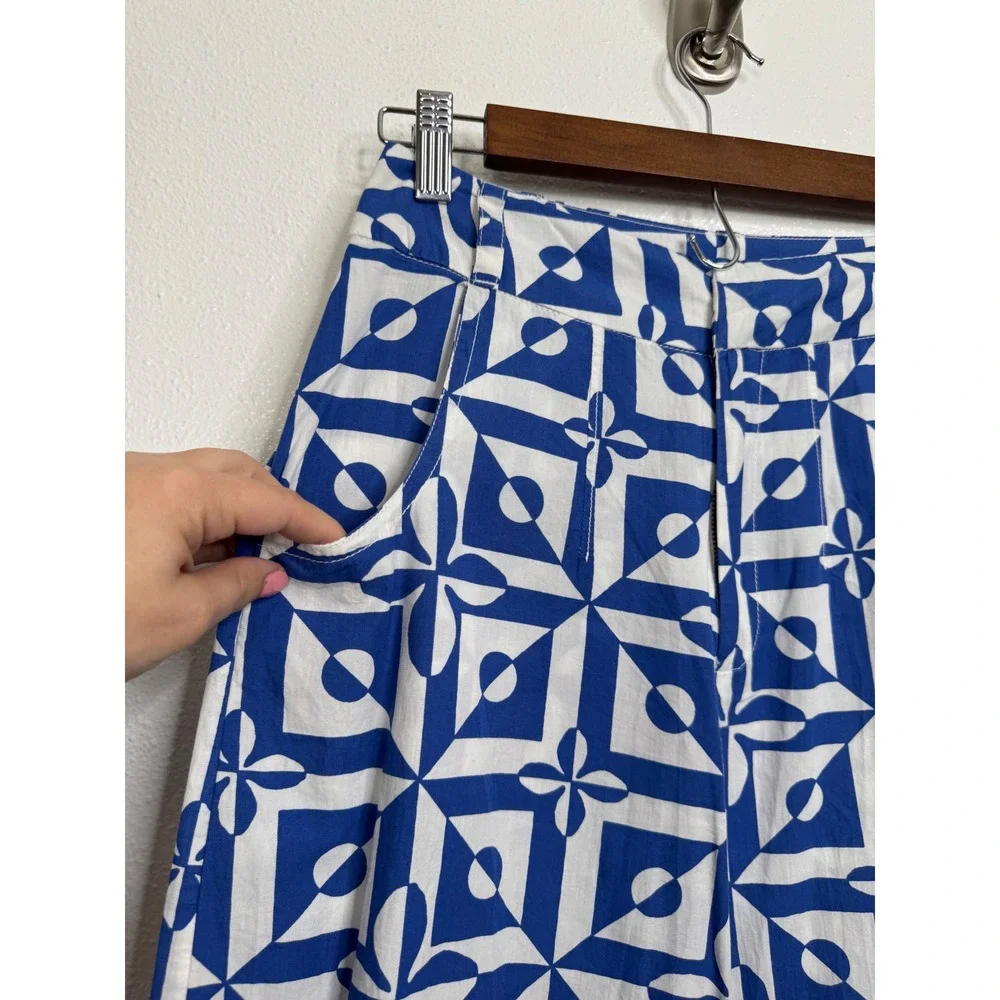 Free People‎ Blue White Geometric Tile Print Wide Leg Pants Women Size 0 Cotton